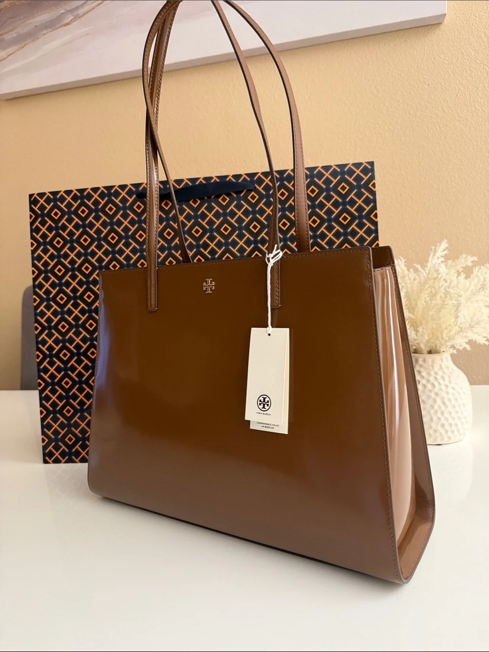 NWT , tory burch Emerson smooth work brown /tan tote bag rich walnut $550
